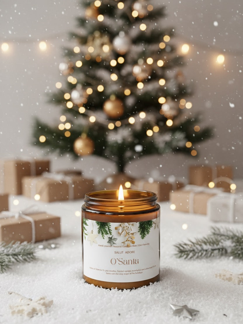 Candle with a Christmas tree and presents in the background