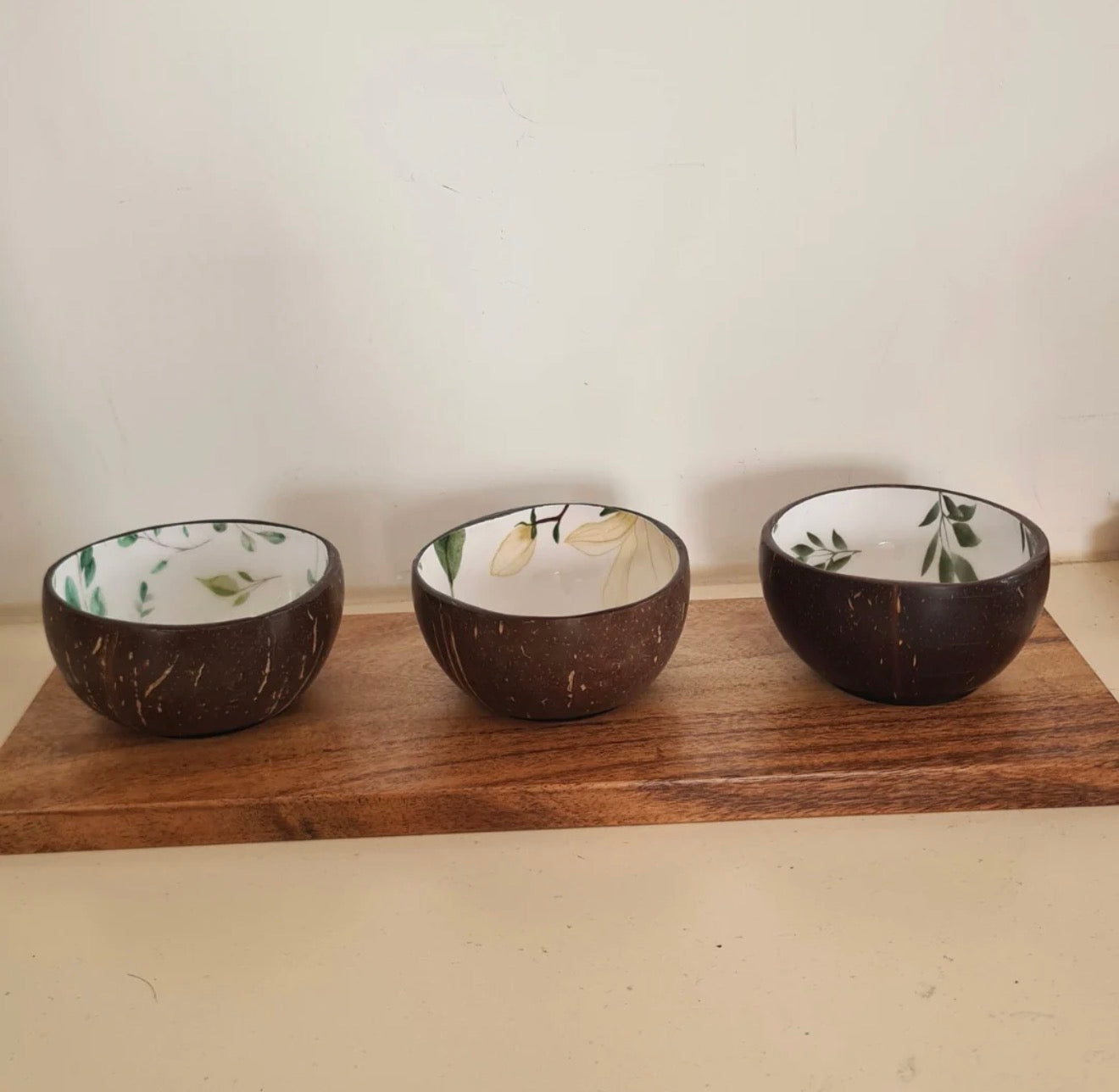 Handcrafted Coconut Bowl Set with Wooden Tray