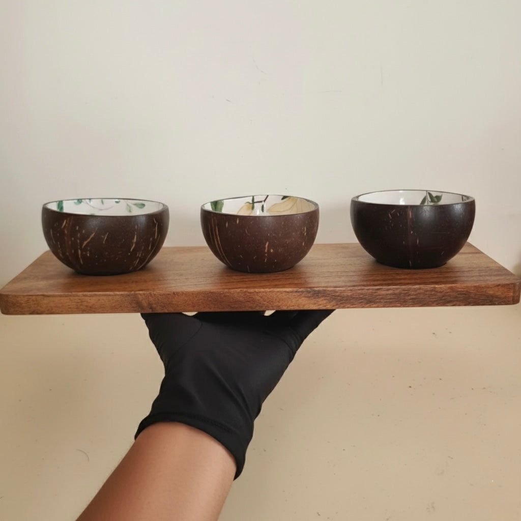 Handcrafted Coconut Bowl Set with Wooden Tray