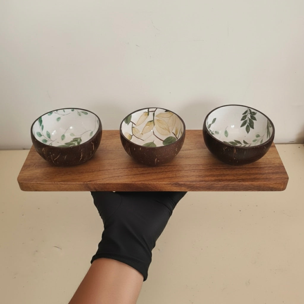 Handcrafted Coconut Bowl Set with Wooden Tray