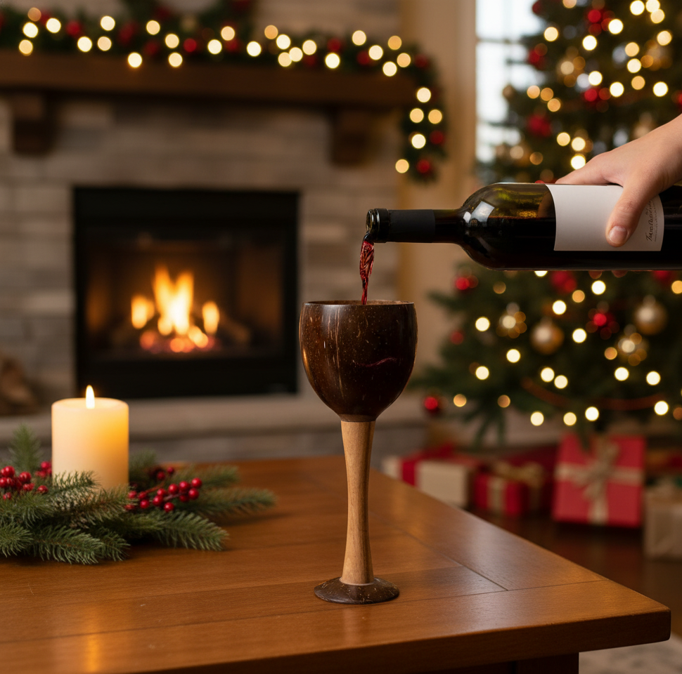 Person pouring wine into a glass with a festive background featuring a fireplace and Christmas tree.