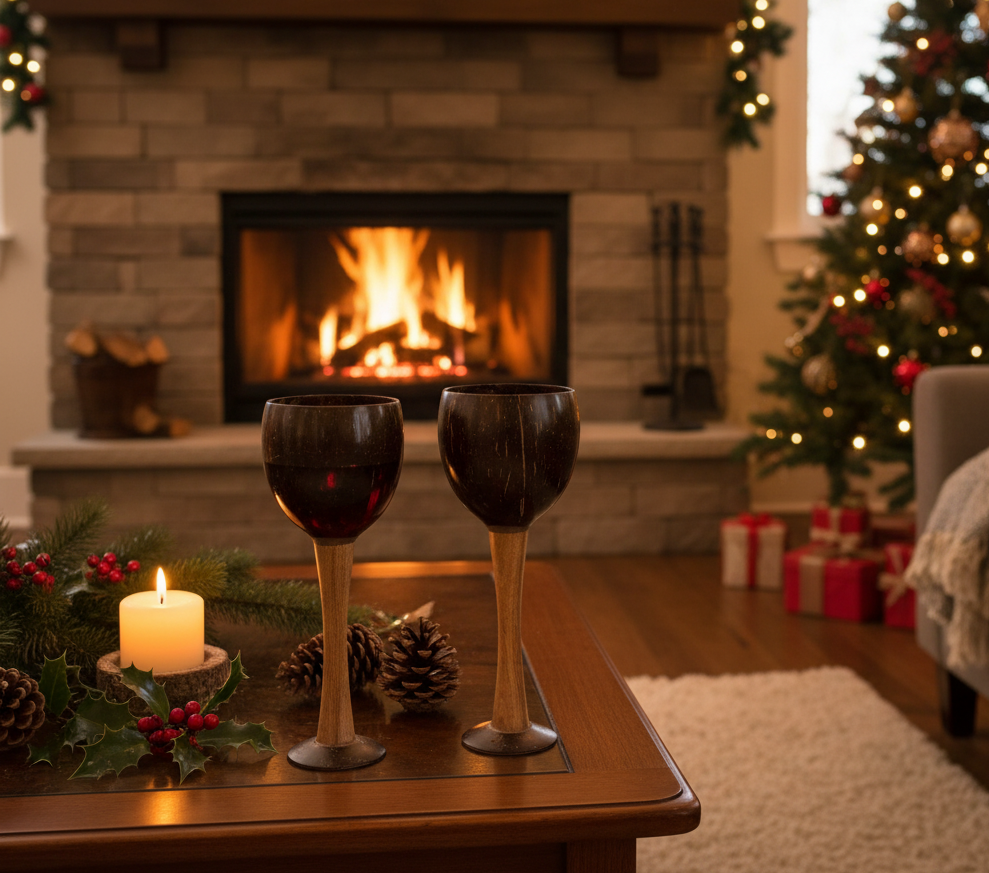 Two wine glasses on a table in a cozy living room with a fireplace and Christmas tree.