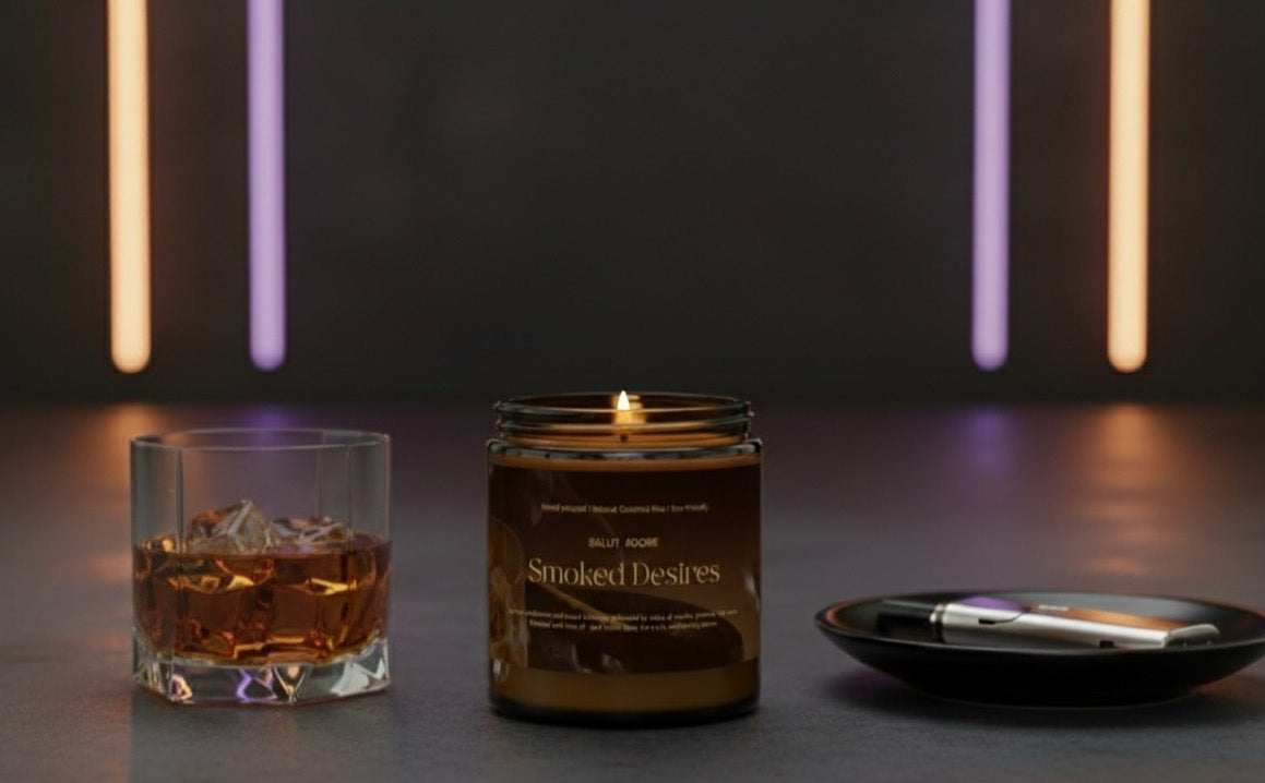 Candle labeled 'Smoked Desires' with a glass of whiskey on a dark surface with neon lights in the background.